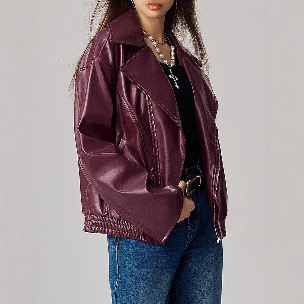 Loose Fit Long Sleeve PU Leather Jacket For Women