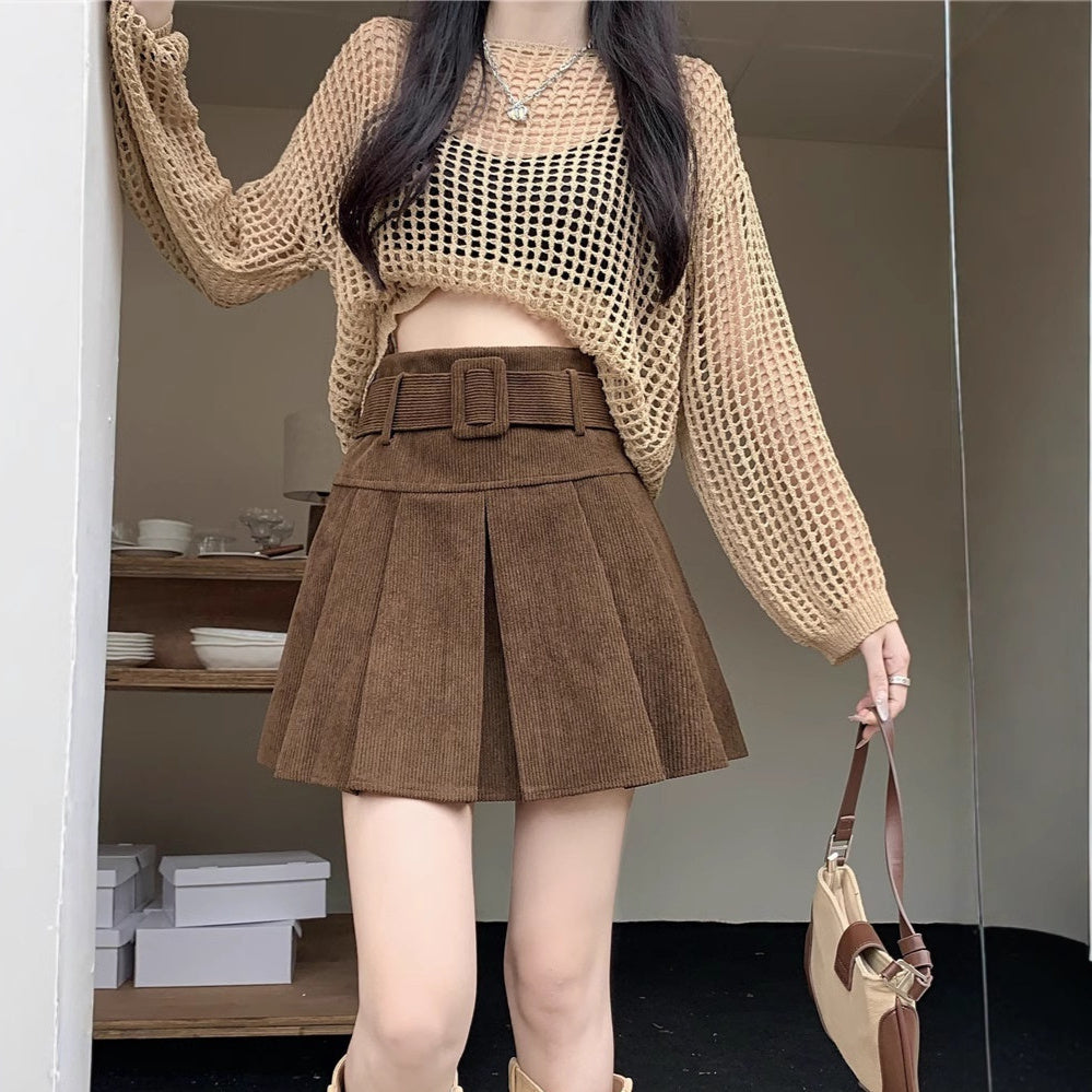 Anti Exposure Figure Flattering High Waisted Pleated Corduroy Skirt