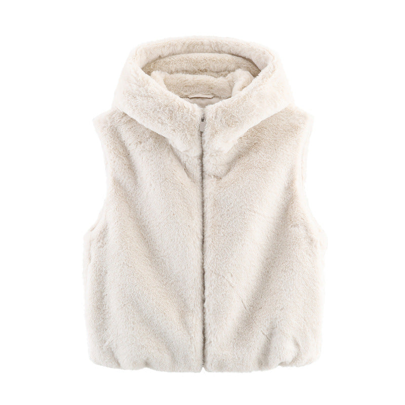 European American Hooded Faux Fur Effect Vest For Women