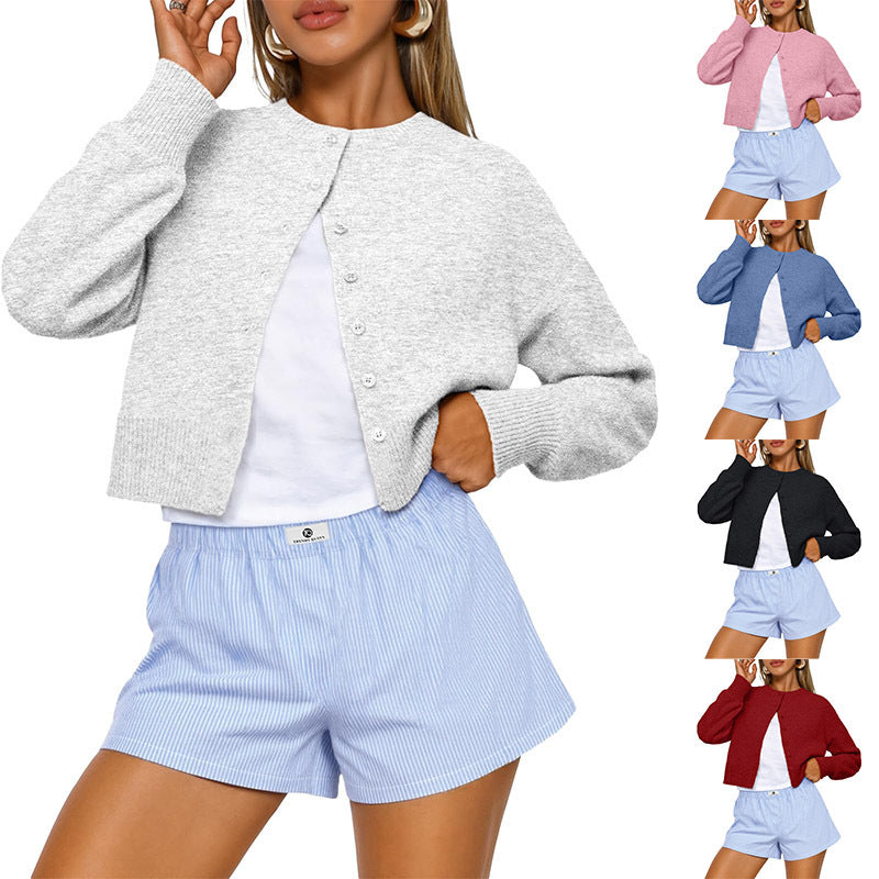 Cropped Button-Front Crewneck Knit Sweater For Women