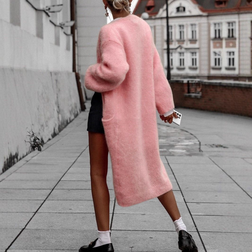 Elegant Mid-Length Loose Knit Sweater Coat With Pockets