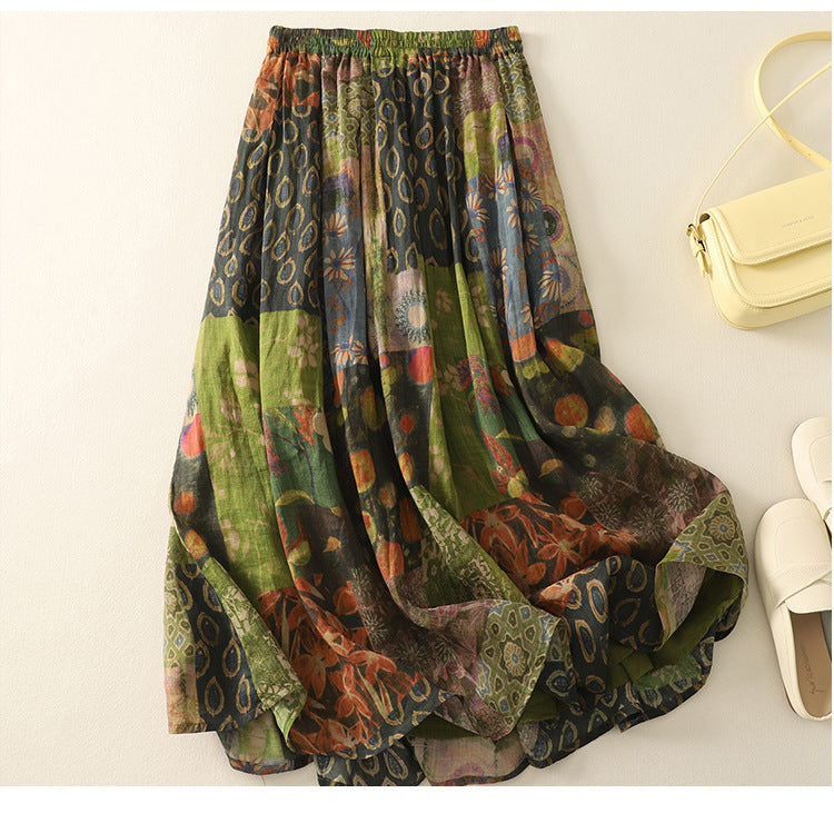 Women's Retro Printed Double Layer Pleated Mid Length Skirt