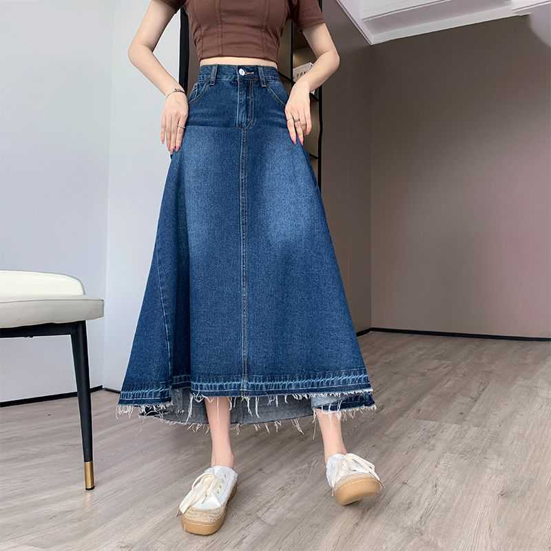 High Waisted Slim Fit Denim Midi Skirt With Draped Detail