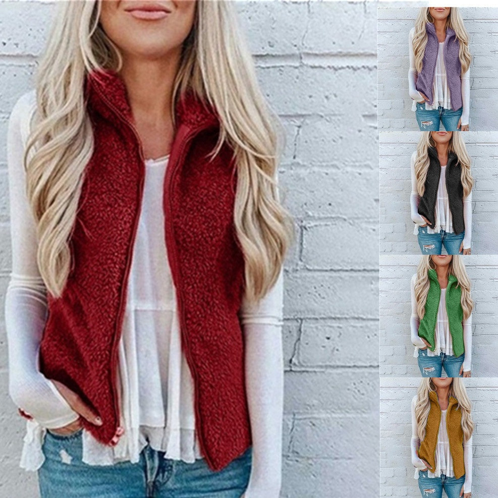 Teddy Plush Zip-Up Loose Fit Warm Pocketed Sleeveless Vest