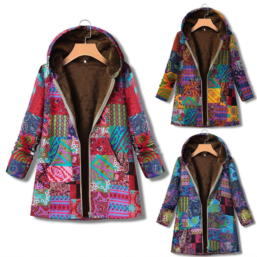 Retro Printed Hooded Zipper Coat With Large Pockets For Women