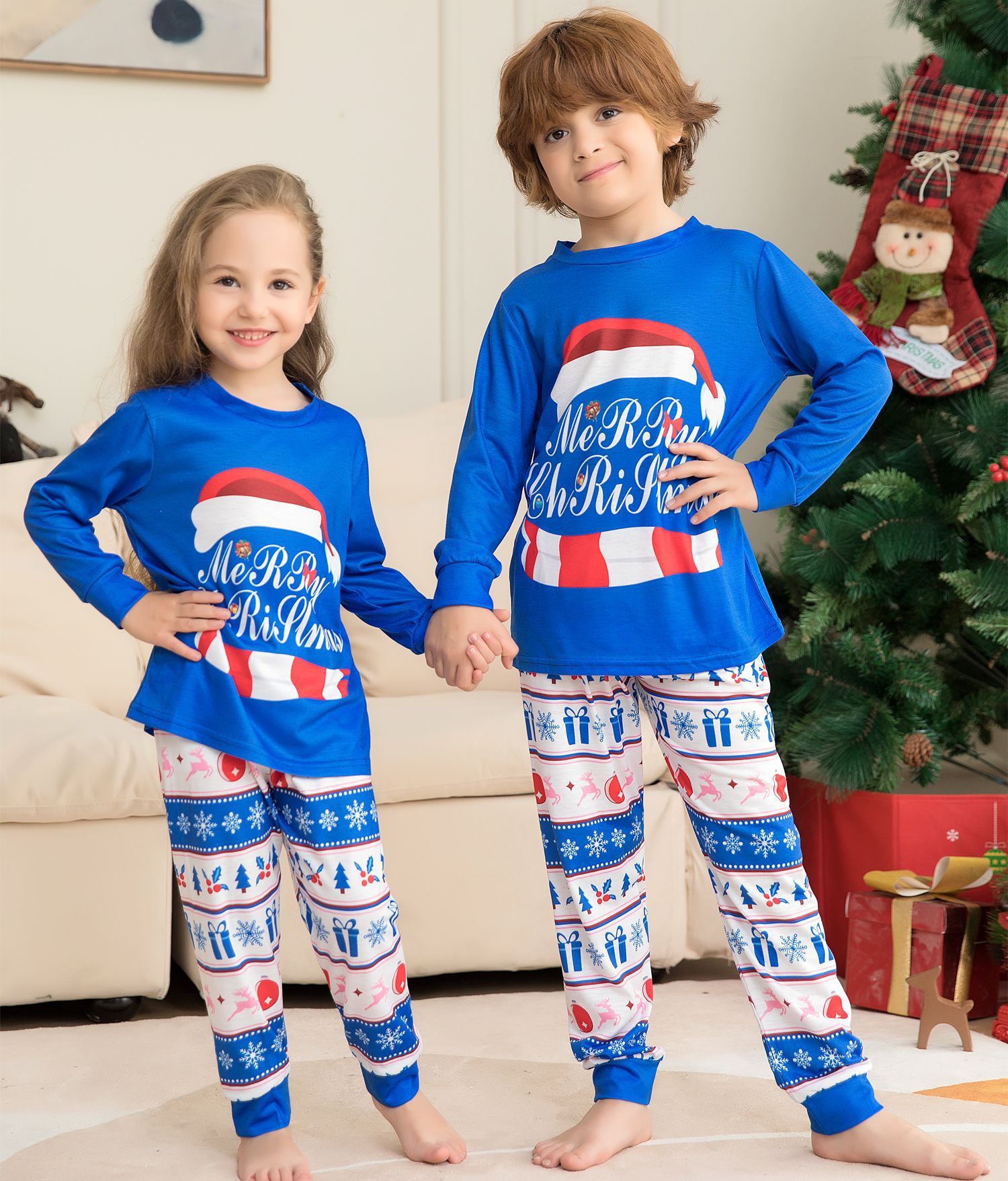 Blue and White Merry Christmas Matching Family Pajama Set-Theone Apparel