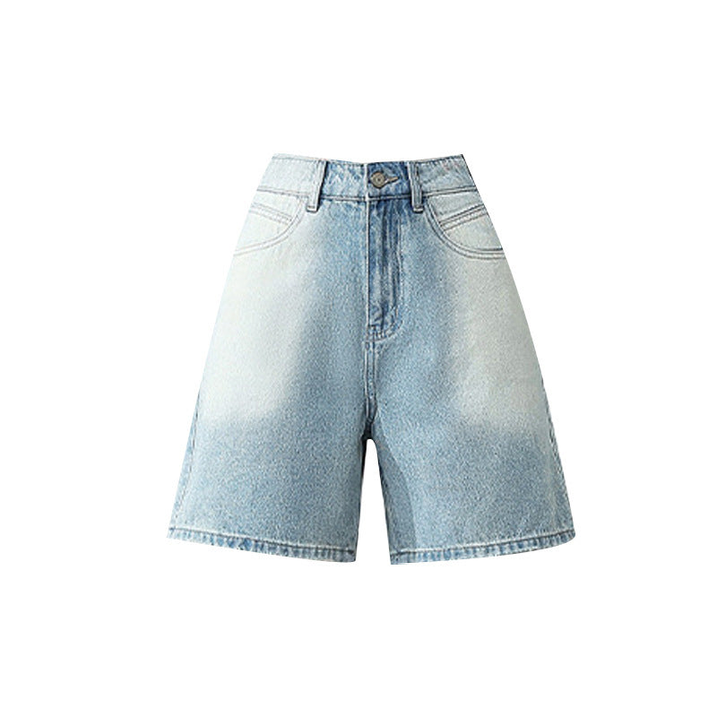 High-Waist Retro Blue Denim Shorts with Loose Fit Comfort-Theone Apparel