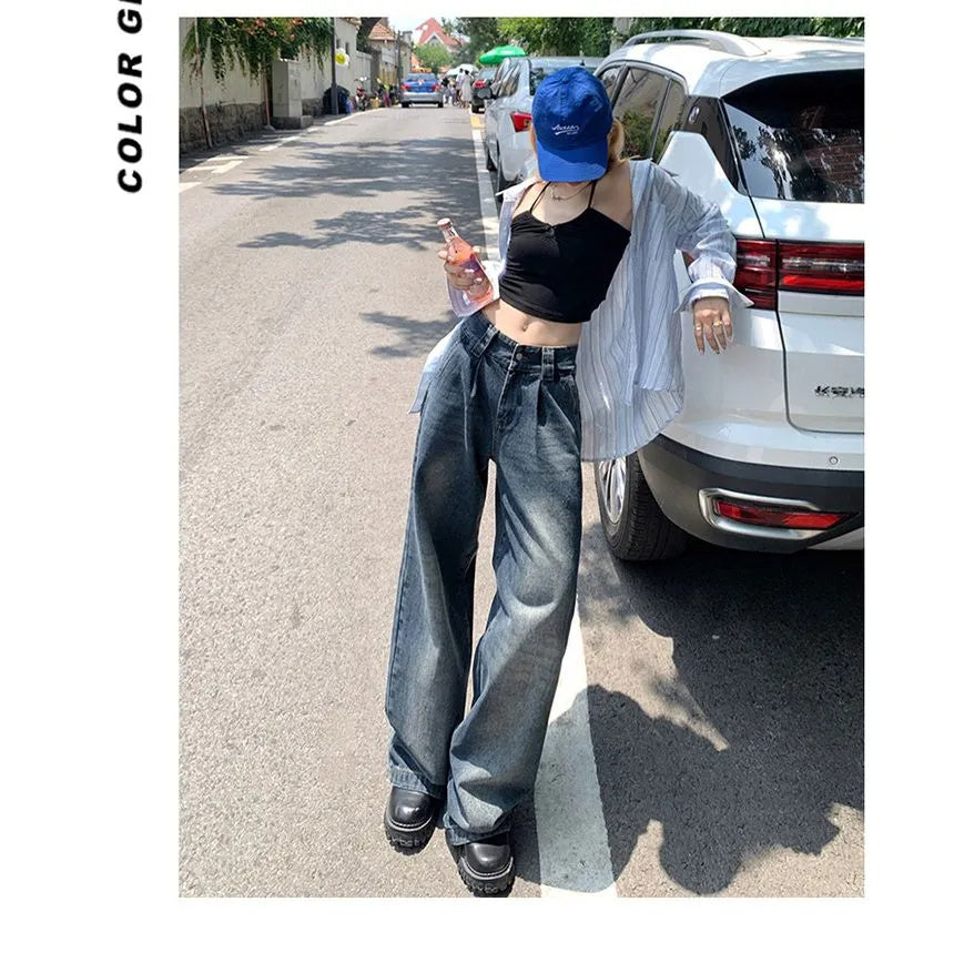 Mid-Rise Washed Wide-Leg Jeans with Relaxed Fit-Theone Apparel