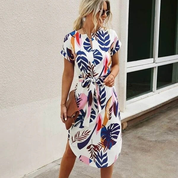 Modern Intriguing Lace-Up Side-Slit Dress with Bold Printed Details-Theone Apparel