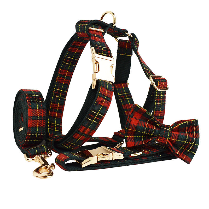 Tartan Plaid Christmas Holiday Bow Dog Leash Collar Harness-Theone Apparel