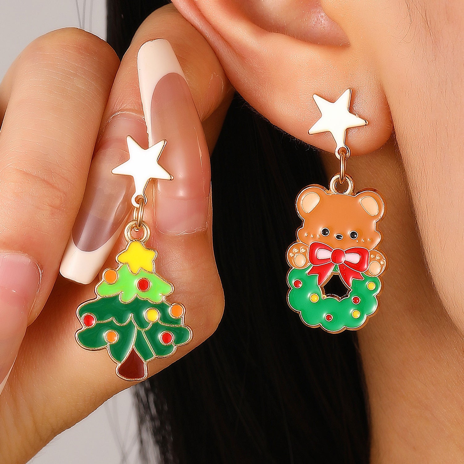 Whimsical Enamel and Metal Stud Back Christmas Themed Drop Earrings-Theone Apparel