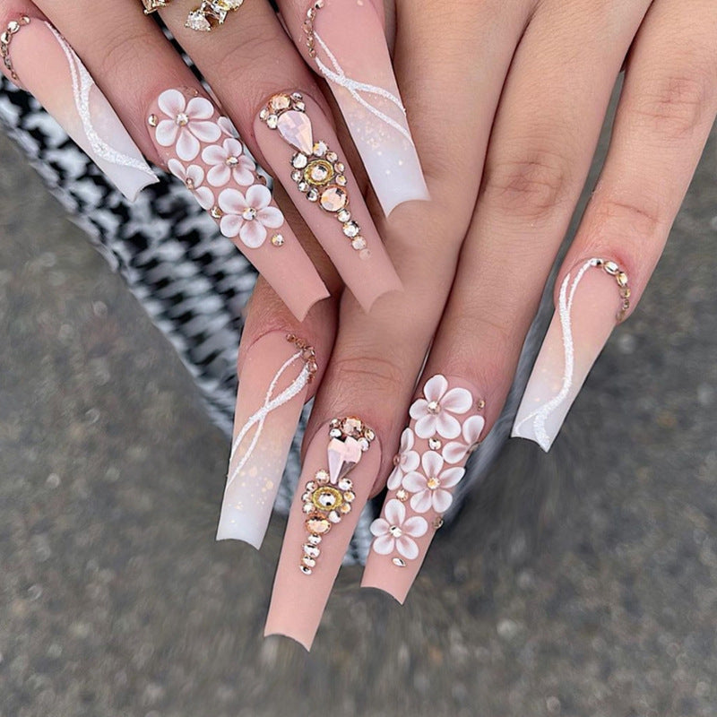 Women's Long Coffin Shape Fake Nails with Floral and Jewel Adornments-Theone Apparel