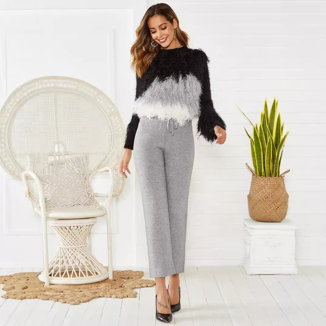 Mid Waist Acrylic Stretch Slimming Warm Pencil Trousers