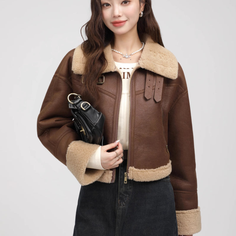 Stand Collar Lamb Fur Short Coat Women's Zipper Jacket Warm