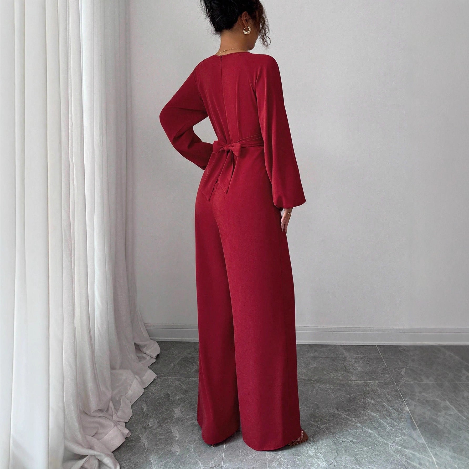 Women's Solid-Colored Jumpsuit With Puffed Sleeves, Square Neck And Wide Legs