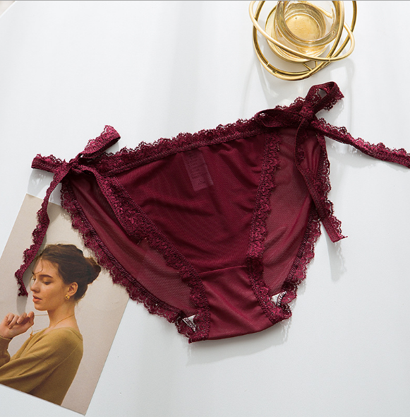 Elegant lace Briefs Underwear with Bow Tie Hips-Dark Red-Theone Apparel
