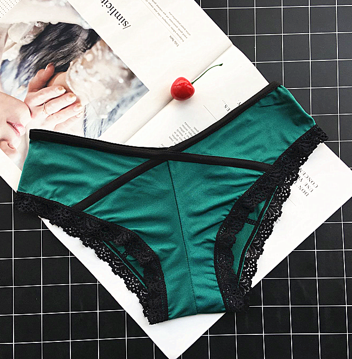 Single Solid Color Lace Lined High Waist Briefs-Green-Theone Apparel