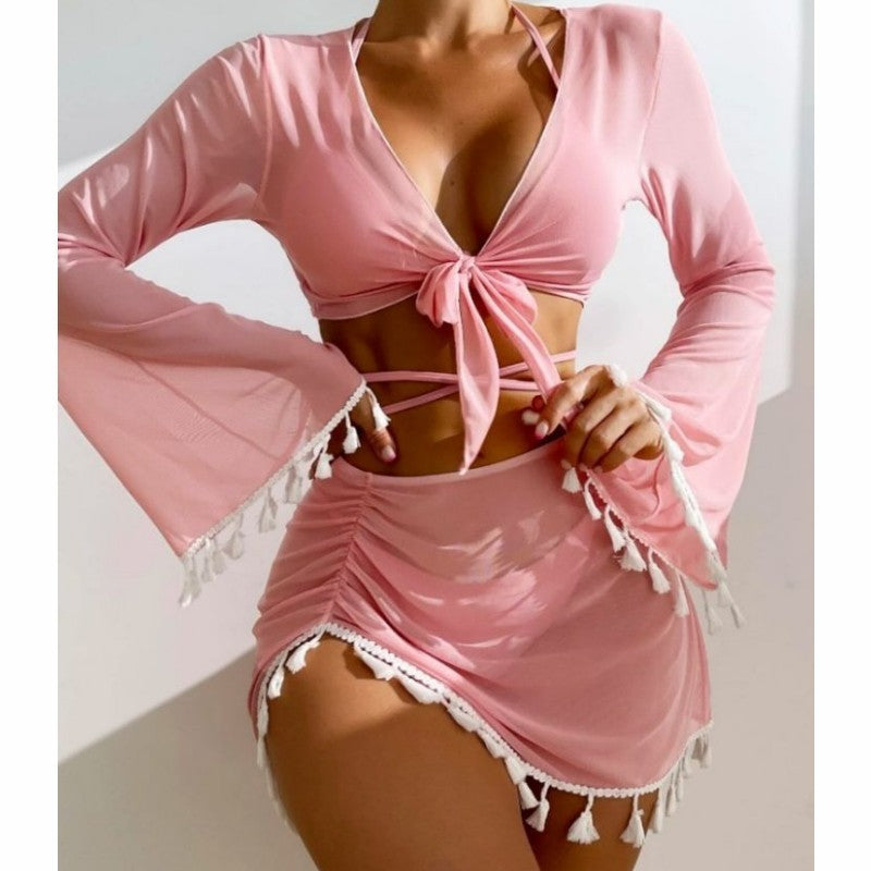 Women's Tassel Fringe Two Piece Long Sleeve Swimsuit Coverup