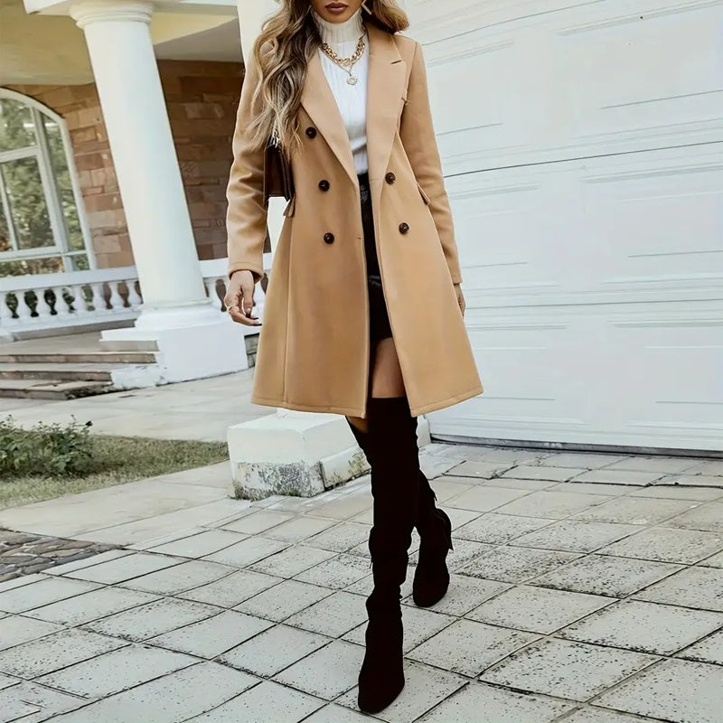 Women's Solid Color Double-Breasted Wool-Like Coat Notch Lapel Long Sleeve Mid-Length Overcoat With Pockets