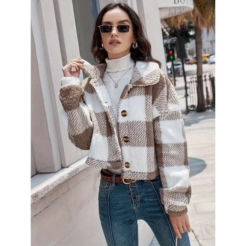 Plaid Plush Button Cardigan Coat For Women Warm
