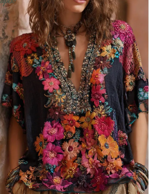 Retro Color-blocked Casual V-neck Mid-sleeve Top