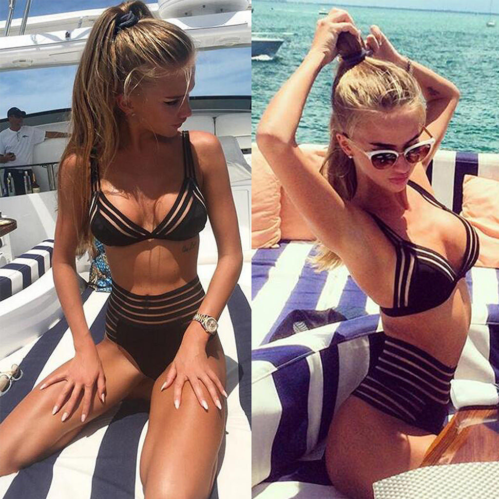 Women's Two Piece Solid Color Strappy High Waist Bikini