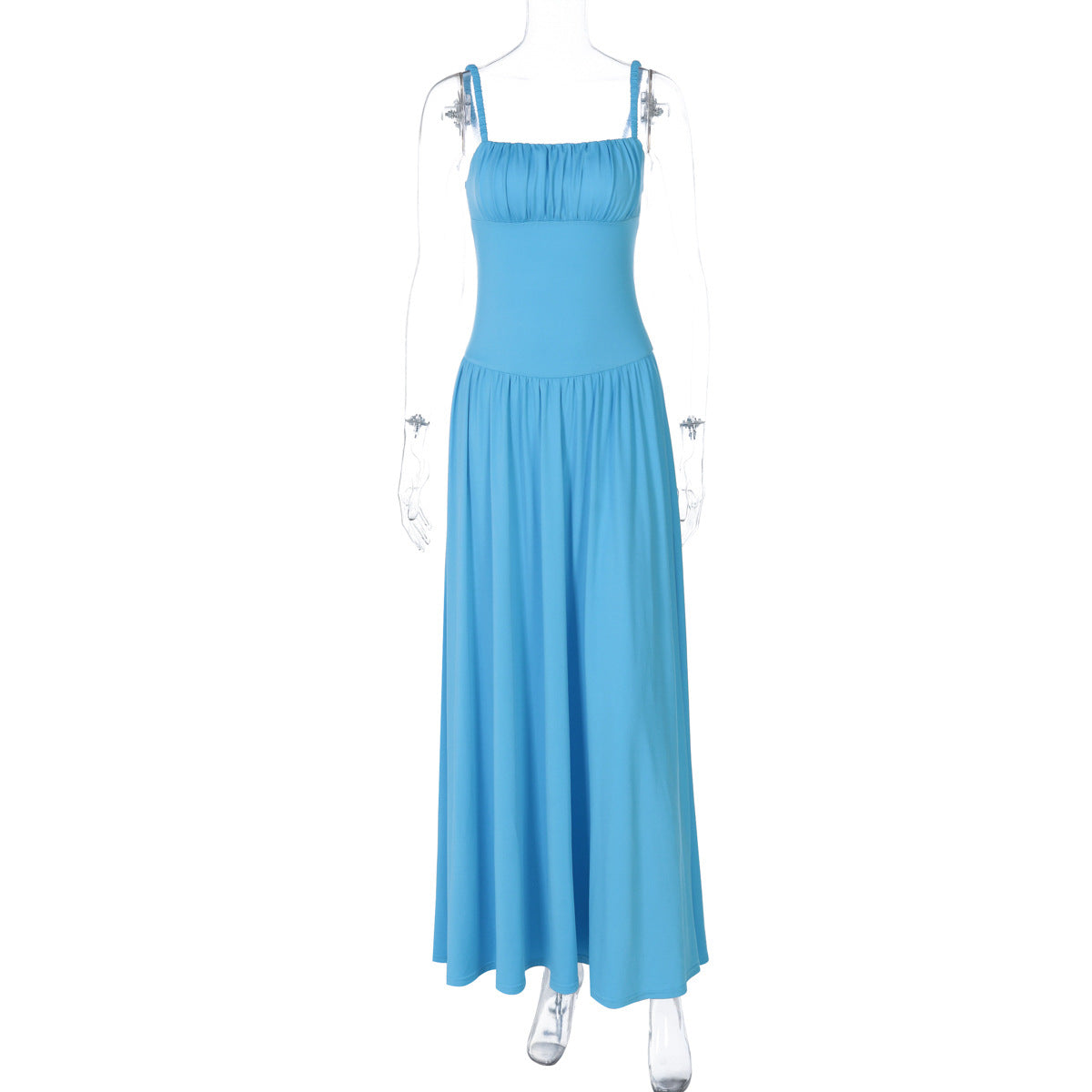 Off-neck Pleated Stitching High Waist Slimming Solid Color Sling Dress
