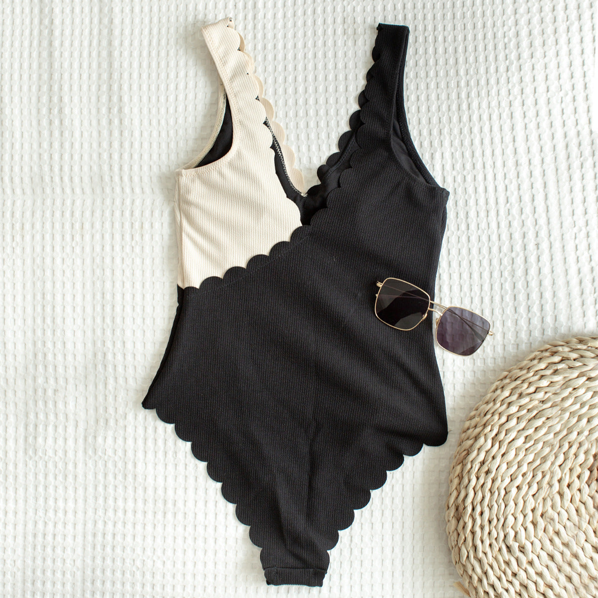 Women's One Piece Black and White Asymmetrical Knit Swimsuit