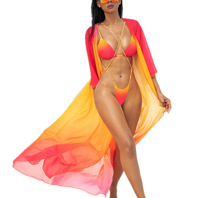 Women's Three Piece String Bikini Set with Duster Swimsup Cover