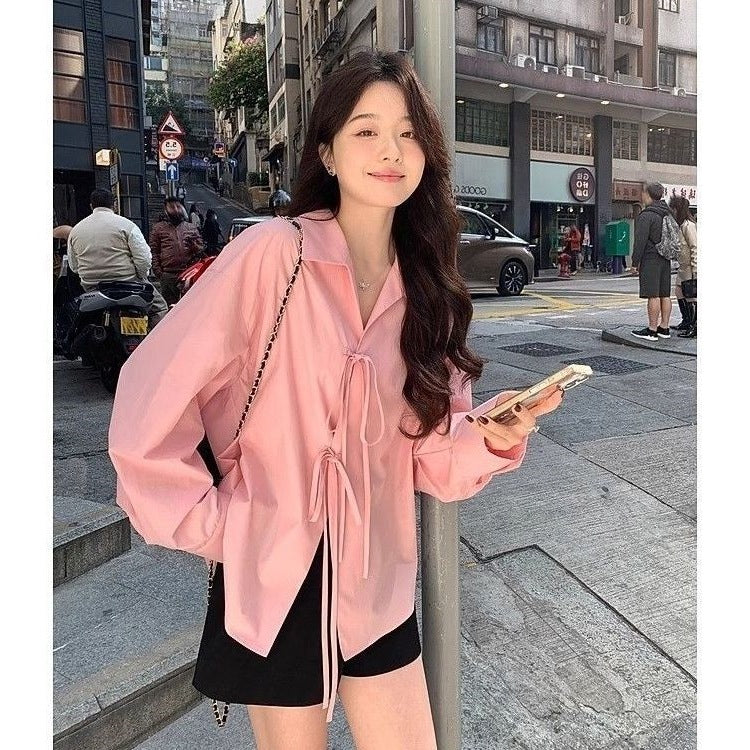 Laid-back Style Bow-Tied Long-Sleeve Shirt