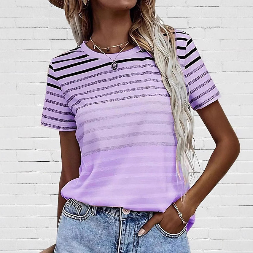 Women's Striped Gradient Round Neck Short Sleeve Top