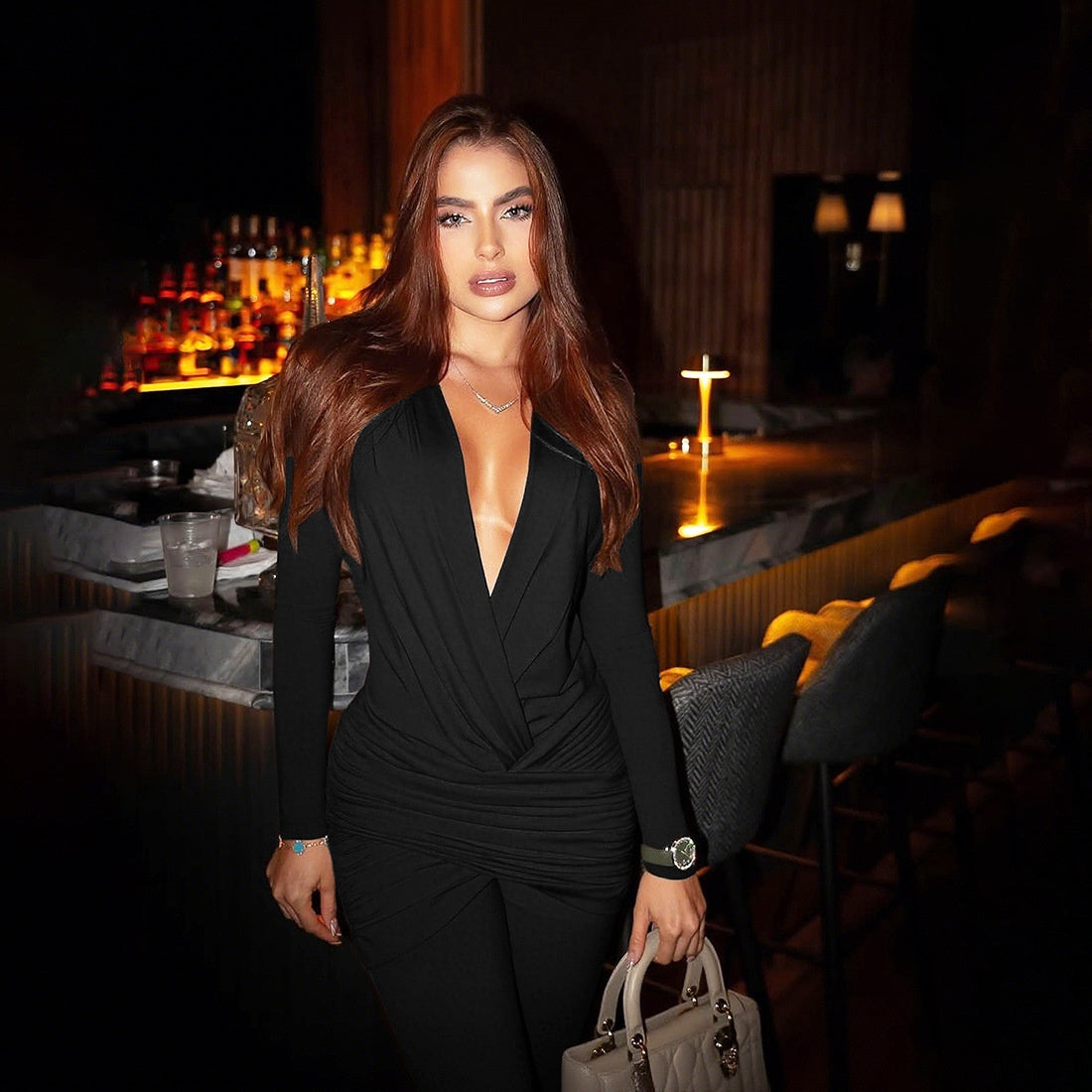 New Women's Fashion Sexy Deep V Long Sleeve Slim Fit Flared Jumpsuit