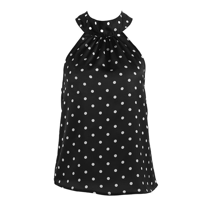 Satin Lace-Up Halterneck Slim Fit Backless Dot Print Camisole