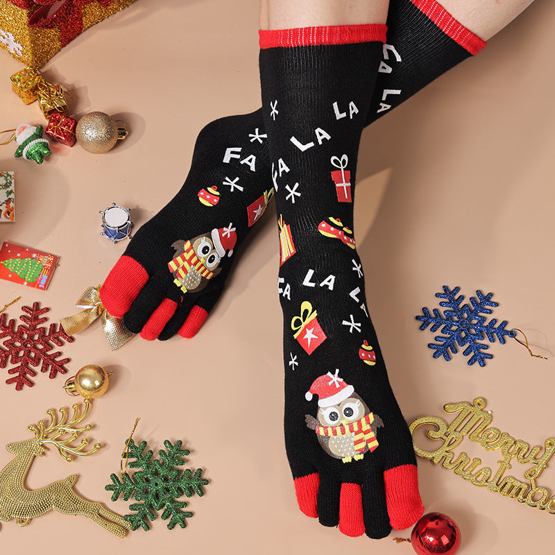 Lightweight Soft Crew Socks with Five Toes in Christmas Patterns