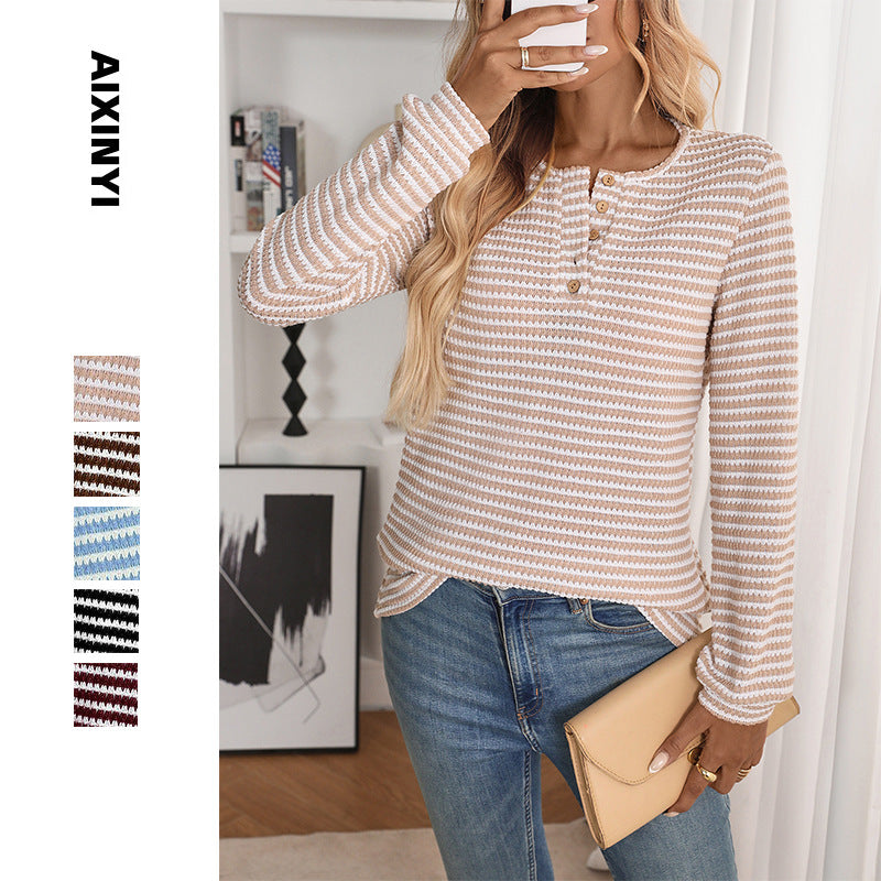 European And American Pineapple Grid Casual Button Round Neck T-shirt Knitted Long Sleeve