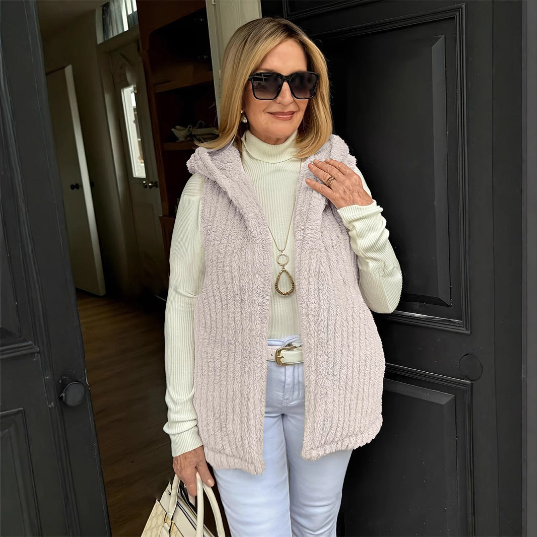 Women's Solid-Color Casual Fuzzy Hooded Vest Sleeveless Jacket