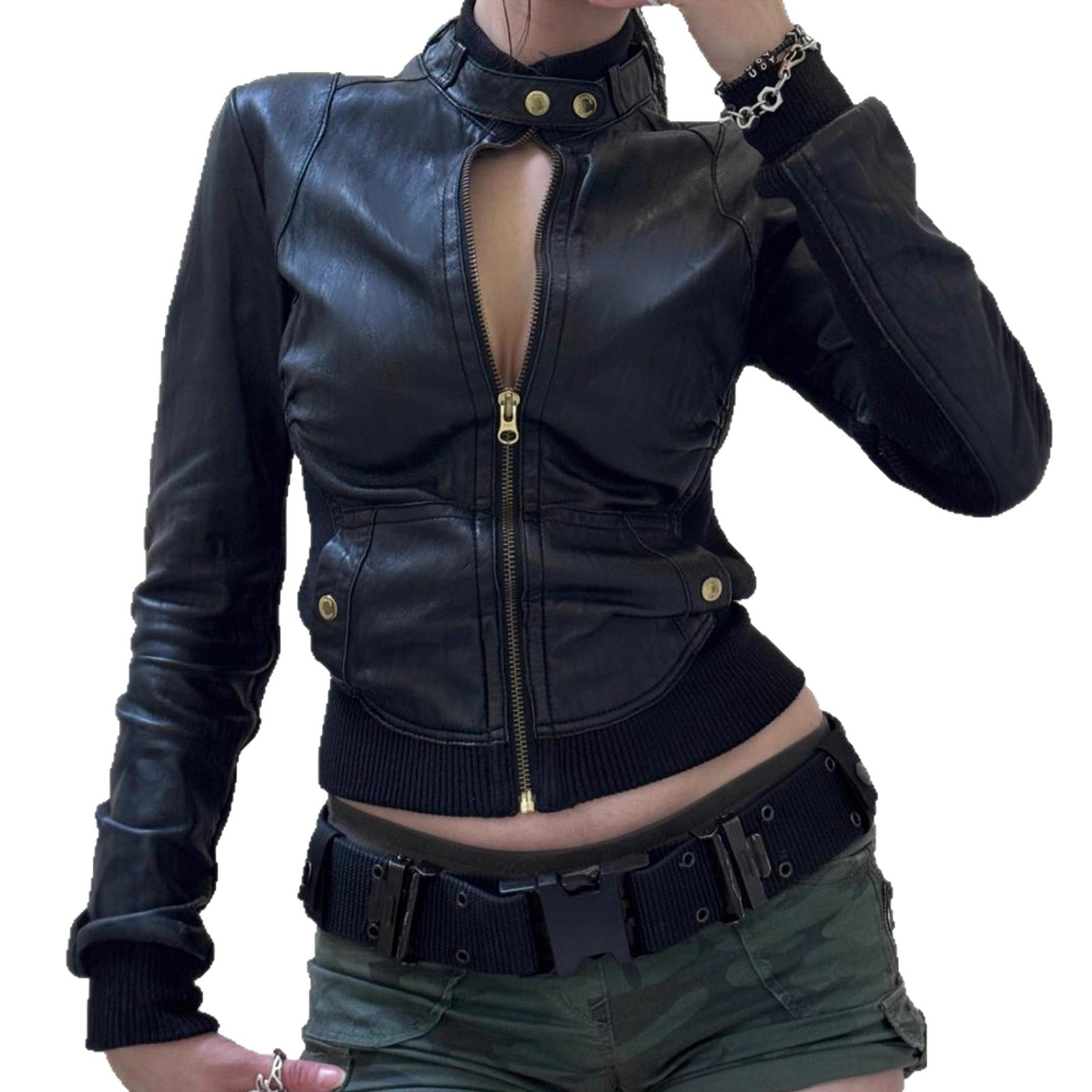 American Street Motorcycle Style Waist Trim Short PU Jacket