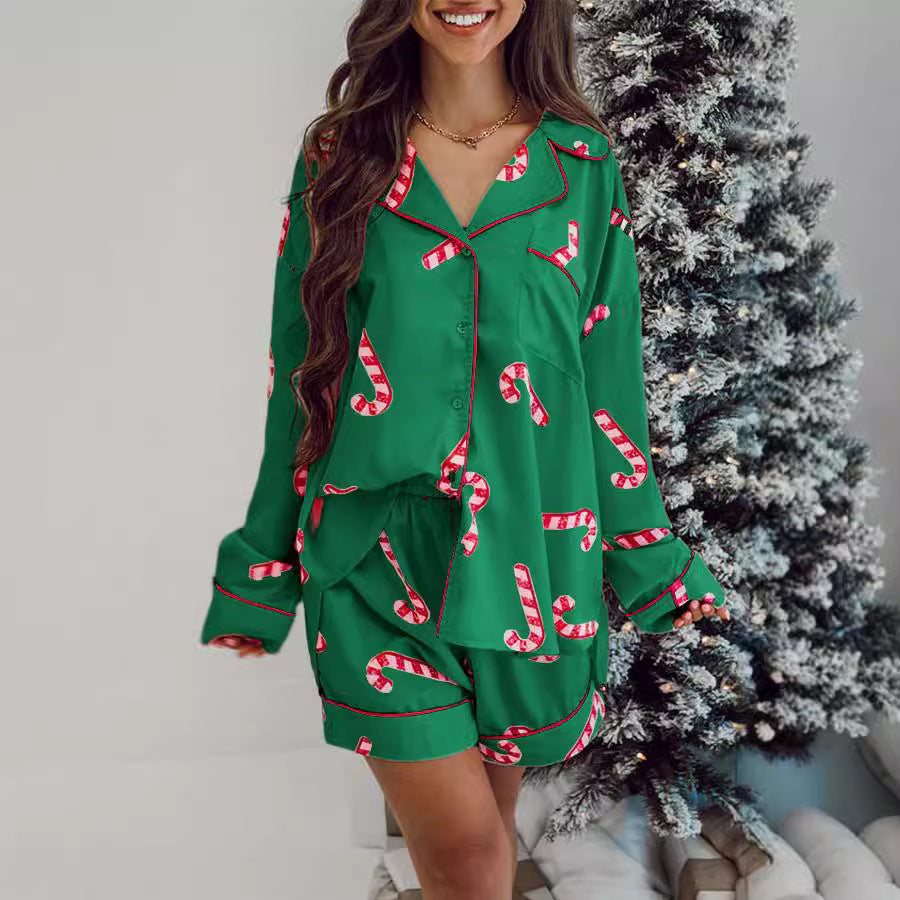 Dames snoepriet tweedelig kerstpyjama in roze en groen