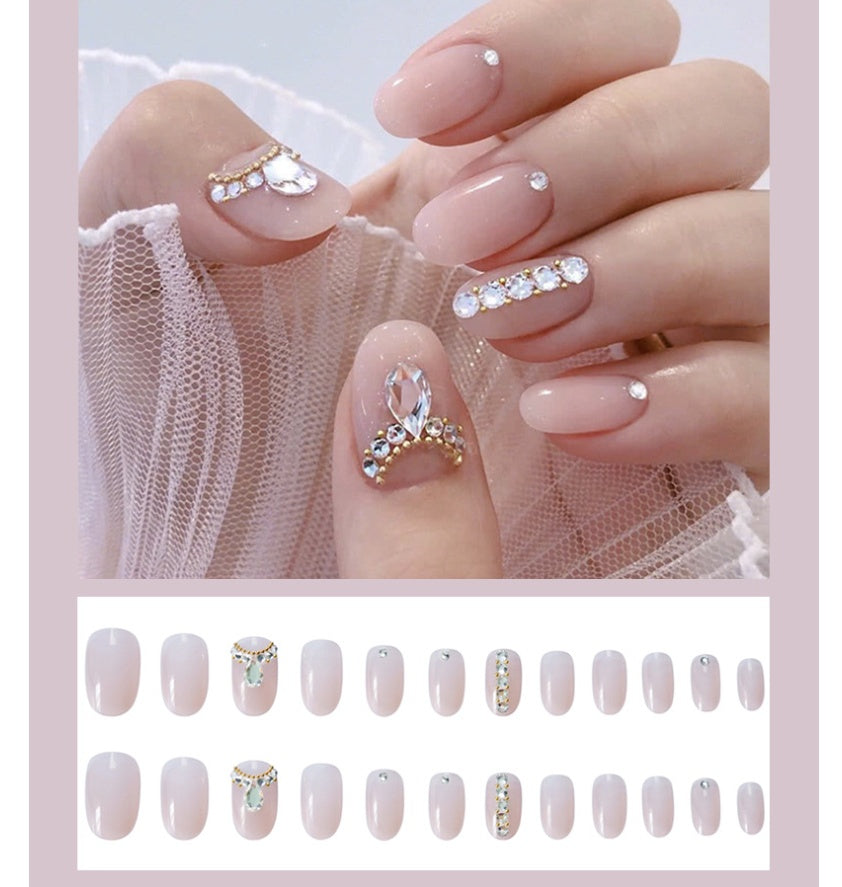 Women's Nude Pink Short Almond Shaped False Nails with Jewel Adornments