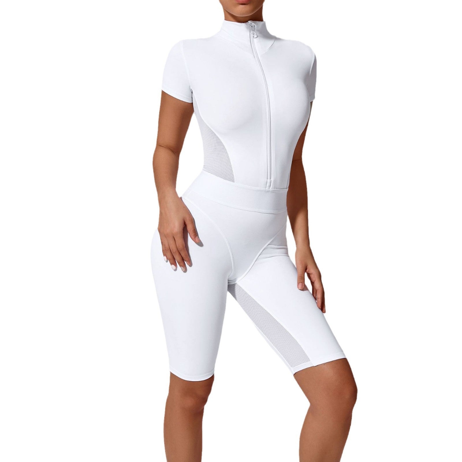Tight Waist Open Collar Zipper Short Sleeve Yoga Jumpsuit Women