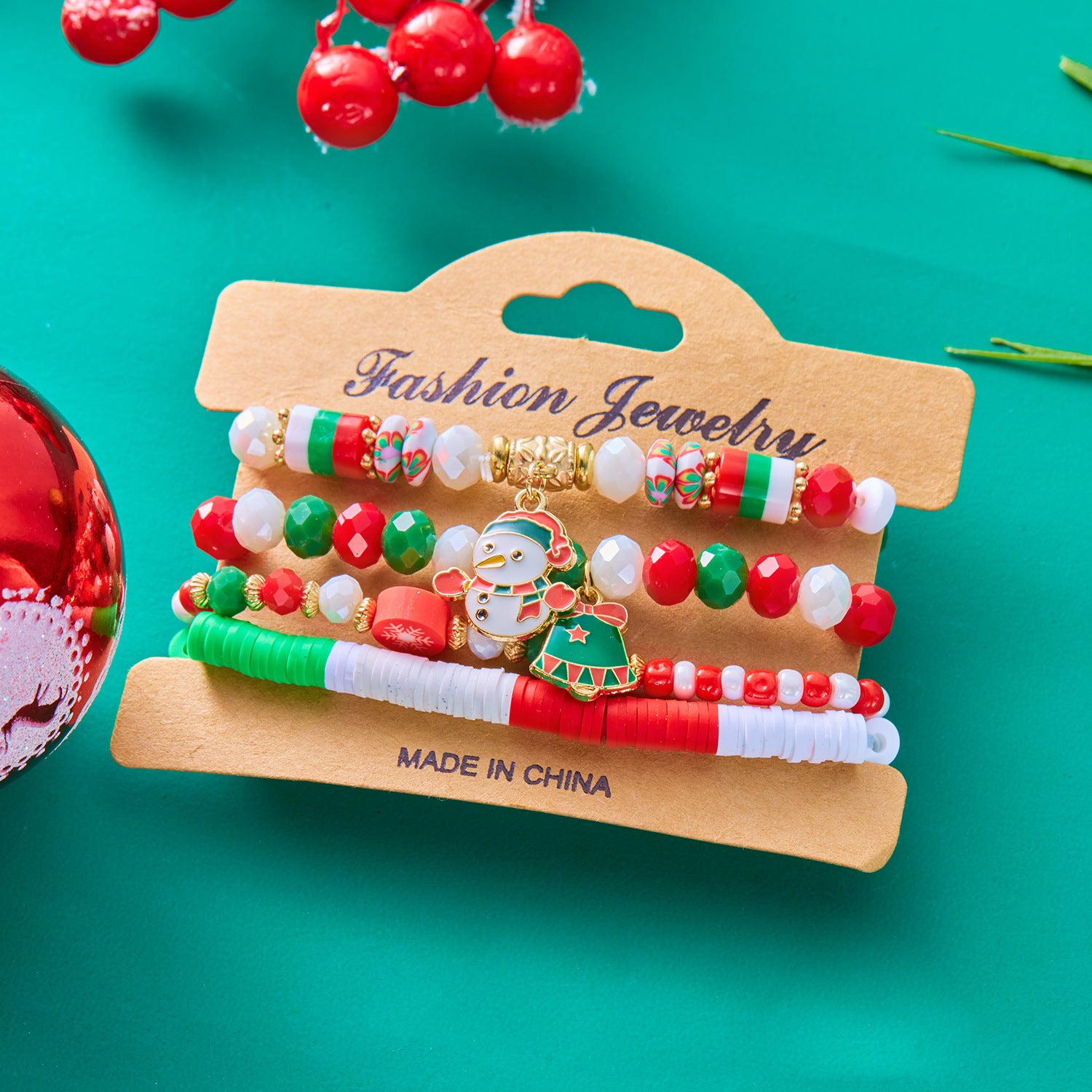 4-Piece Christmas Stacked Beaded Charm Bracelet Set in Assorted Styles-Theone Apparel