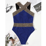 Women's One Piece Solid Color Swimsuit with Golden Trim