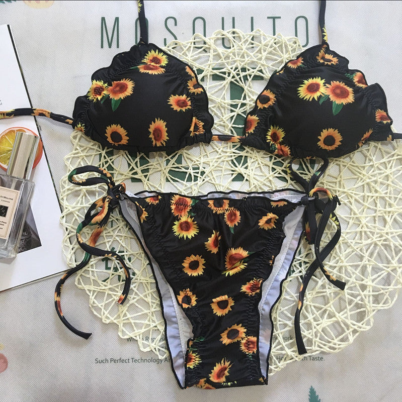 Women's Two Piece Black and Yellow Sunflower Print Bikini