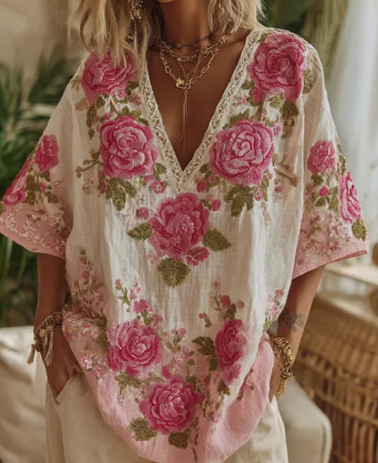 Retro Color-blocked Casual V-neck Mid-sleeve Top