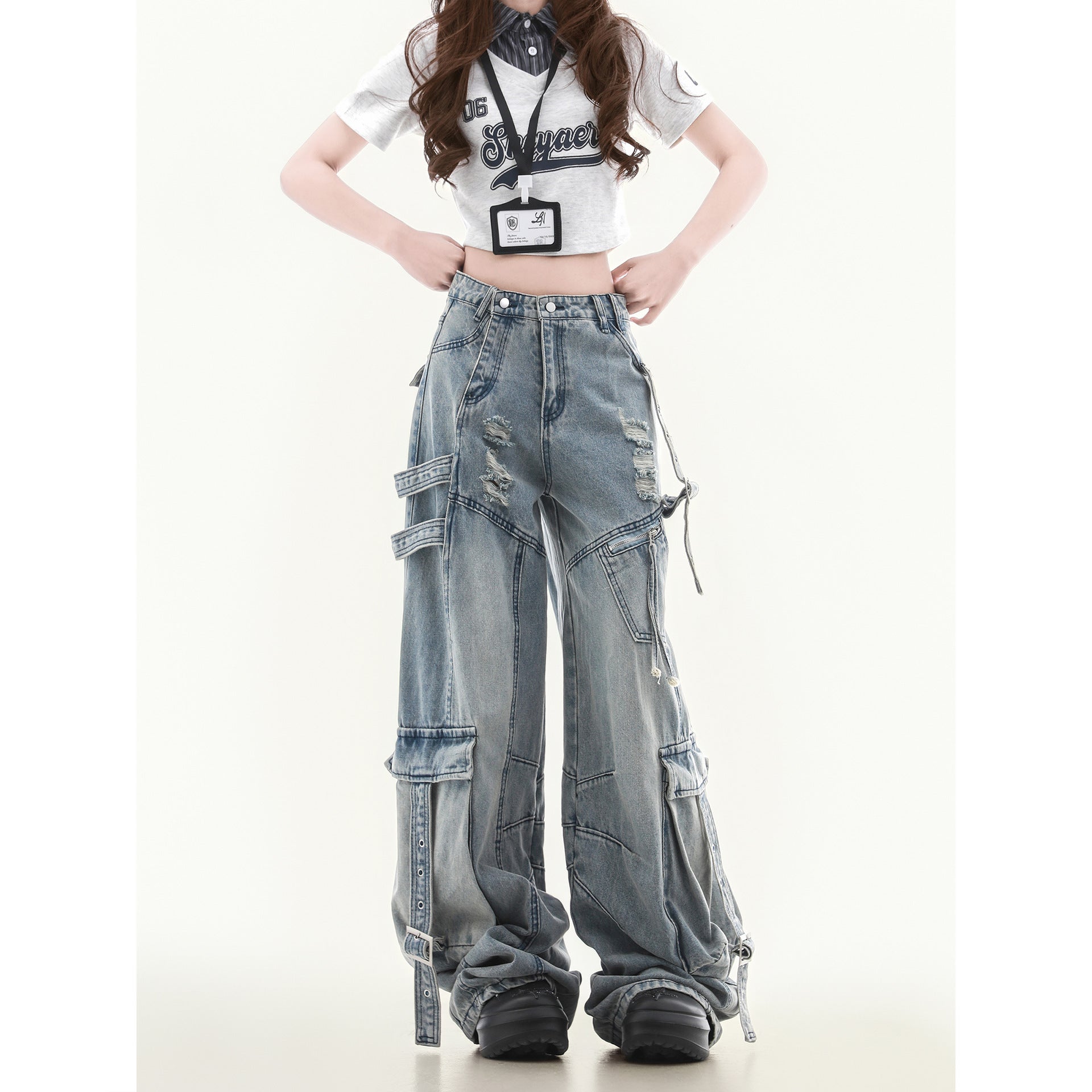 Women's Straight Loose Multi-pocket Cargo Jeans