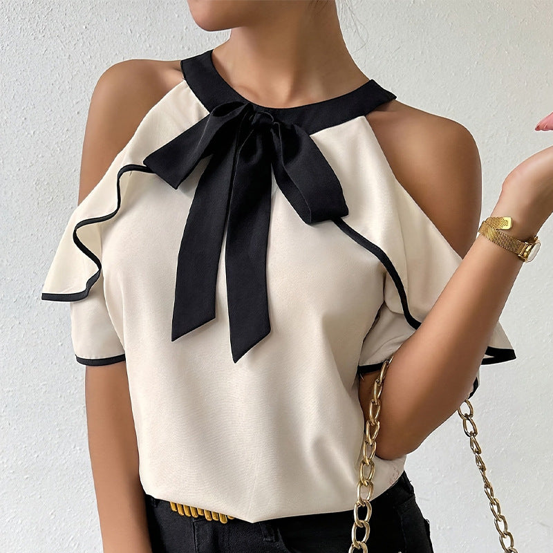 Elegant Double-layer Short-sleeve Shirt With A Bow-tie Neckline