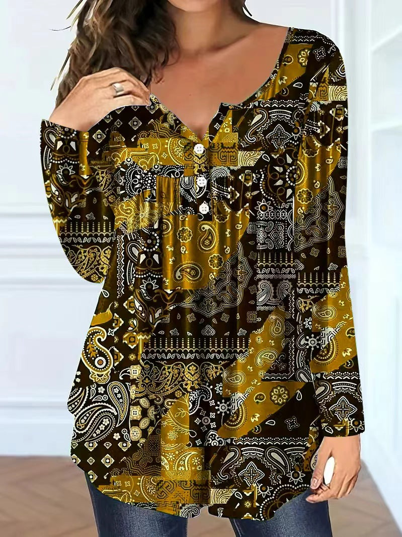 Loose-fit Buttoned V-neck Top Women's T-shirt