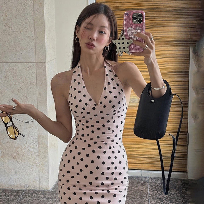 Sexy Black Polka-Dot Printed All-Match Backless V-Neck Halter Neck Bodycon Tank Top