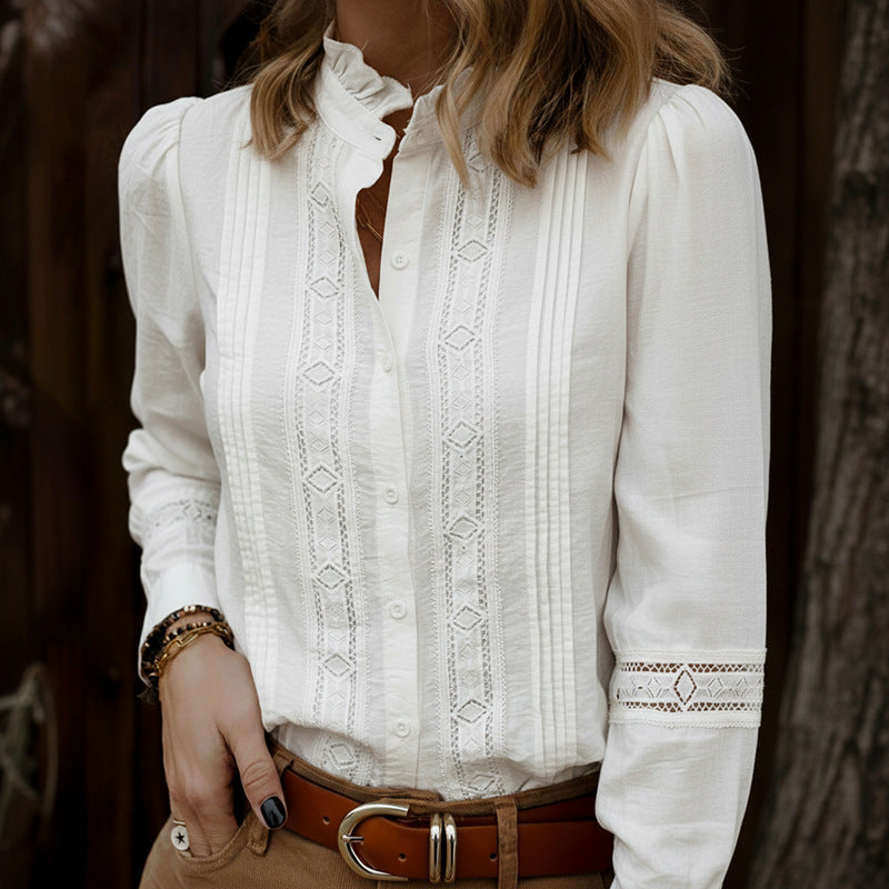 Elegant Lace-trimmed Stand Collar Hollow-out Long-sleeve White Shirt