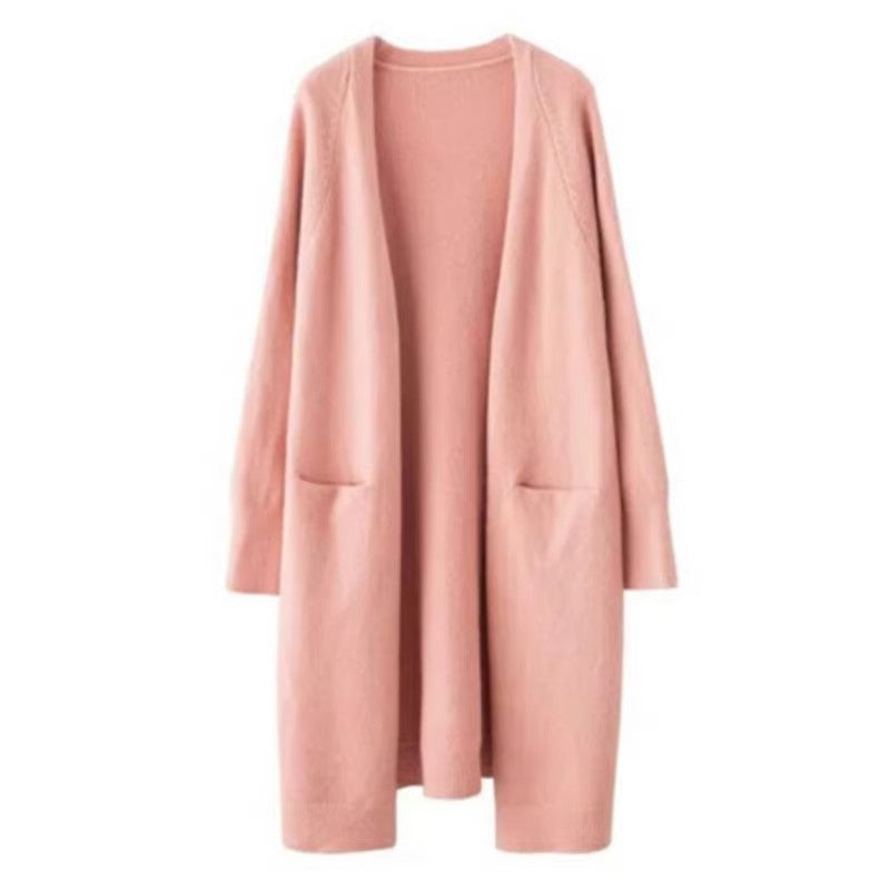 Mid-length Sweater Women's Solid Color V-neck Knitted Jacket